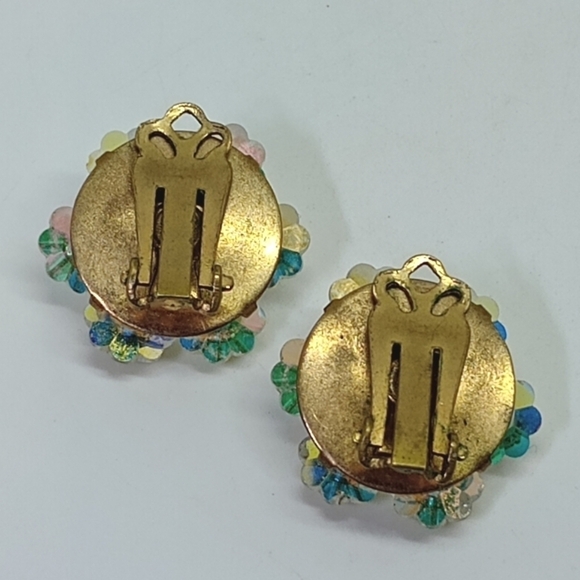 * vintage yellow & clear AB crystal rivioli flower shape clip on earrings - Picture 3 of 6